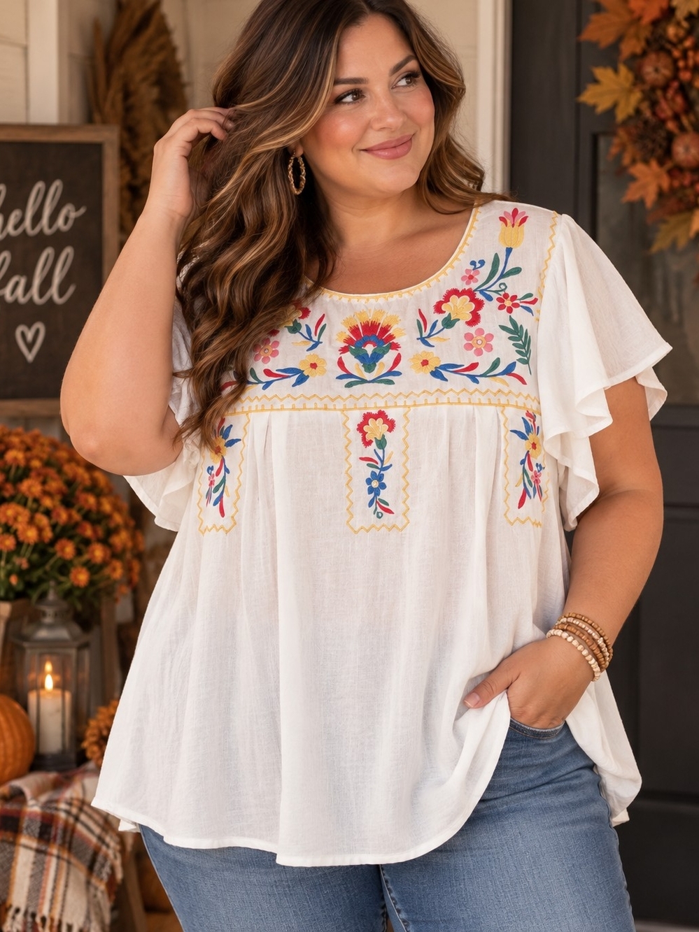 Hailey & Co 2X Plus Size Embroidered Floral Boho Flutter Sleeve Top